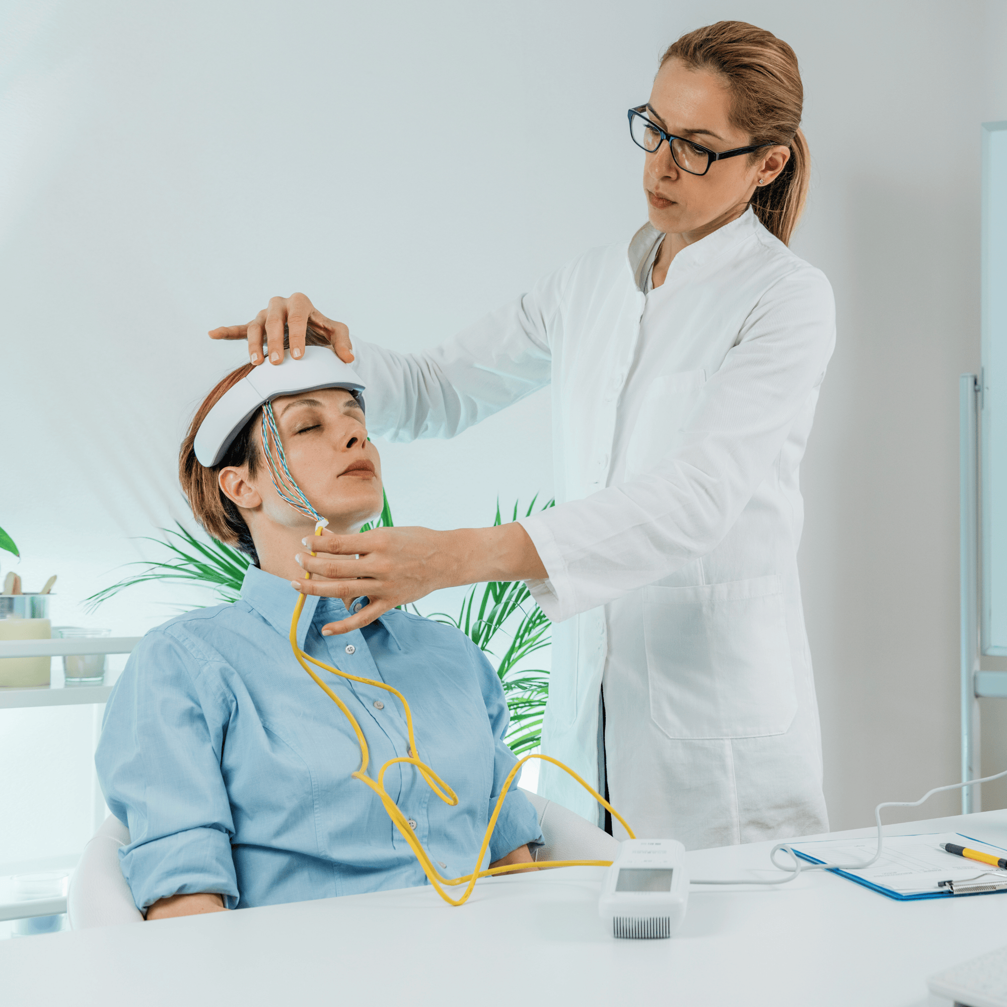 Terapeuta przygotowujący pacjentkę do sesji biofeedback w gabinecie